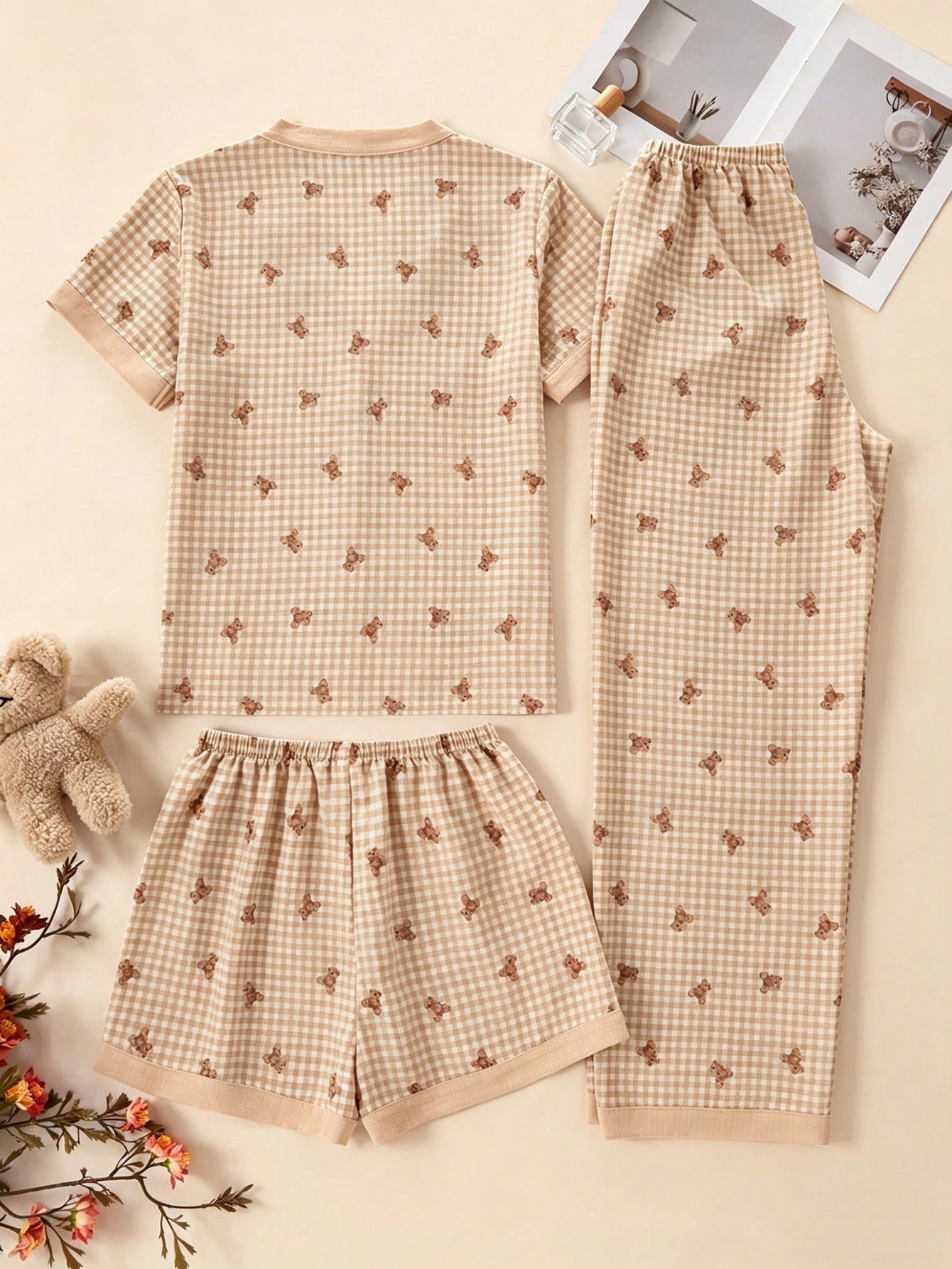 Teddy Bear Checkered 3-Piece Nightwear Set