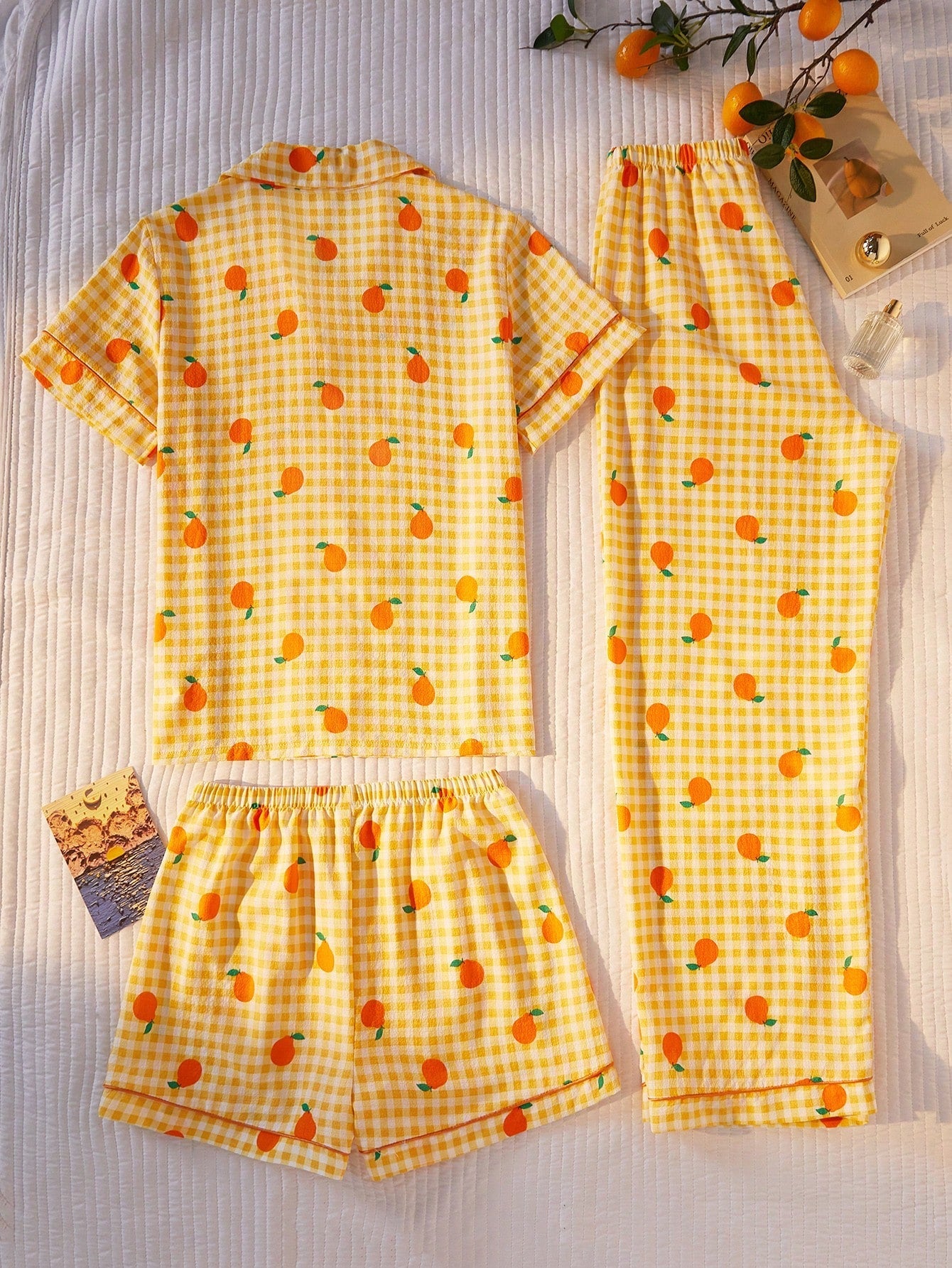 Orange Print Checkered 3-Piece Nightwear Set