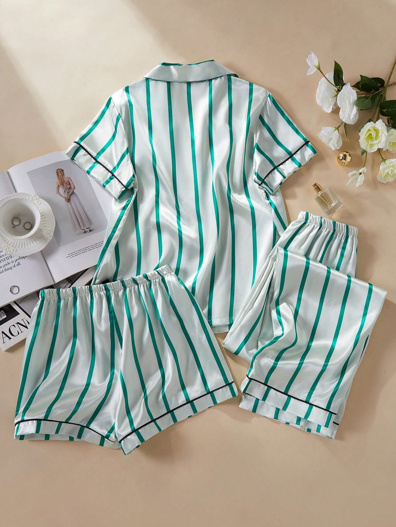 Emerald Stripe Satin 3-Piece Women’s Pajama Set