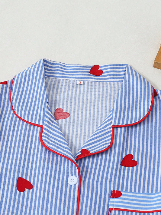 Blue Stripe Heart Print 3-Piece Womenās Pajama Set