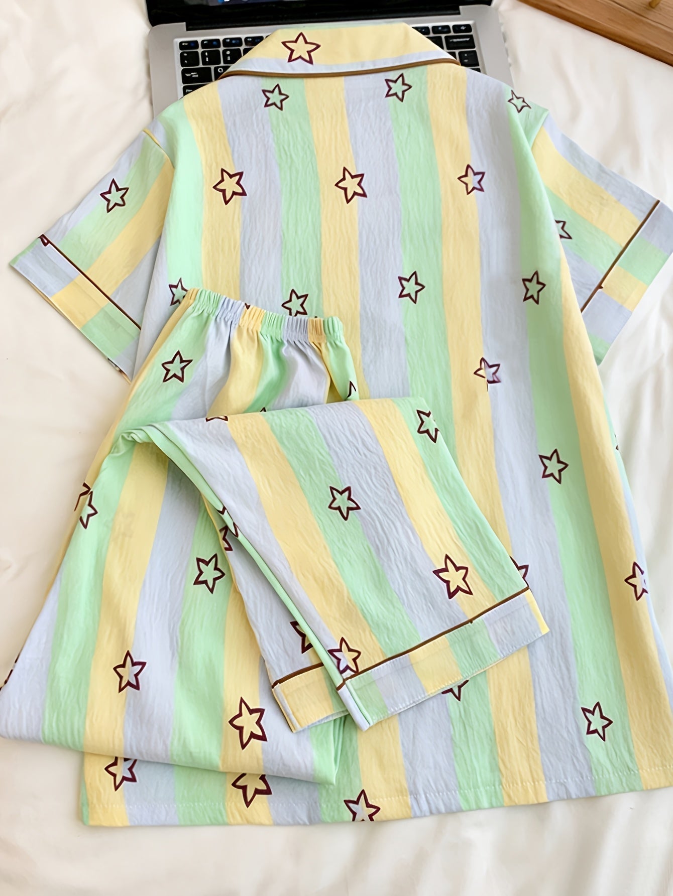 Pastel Star Stripe 3-Piece Pajama Set – Shirt, Shorts & Pants