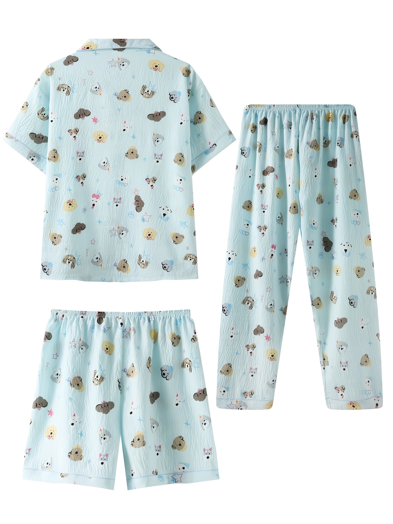Sky Blue Puppy Charm 3-Piece Pajama Set – Shirt, Shorts & Pants