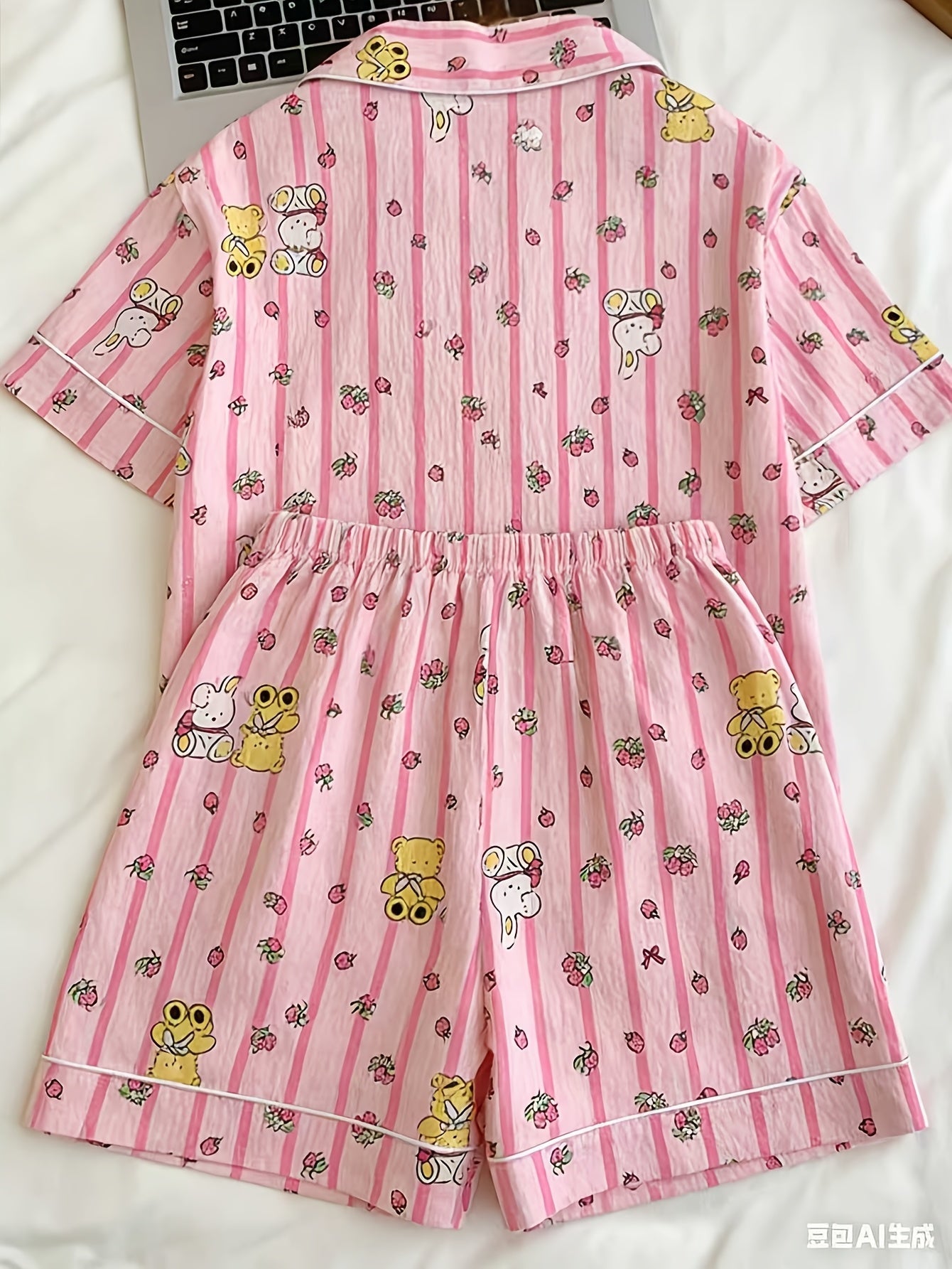 Strawberry Teddy Pink 3-Piece Pajama Set – Shirt, Shorts & Pants