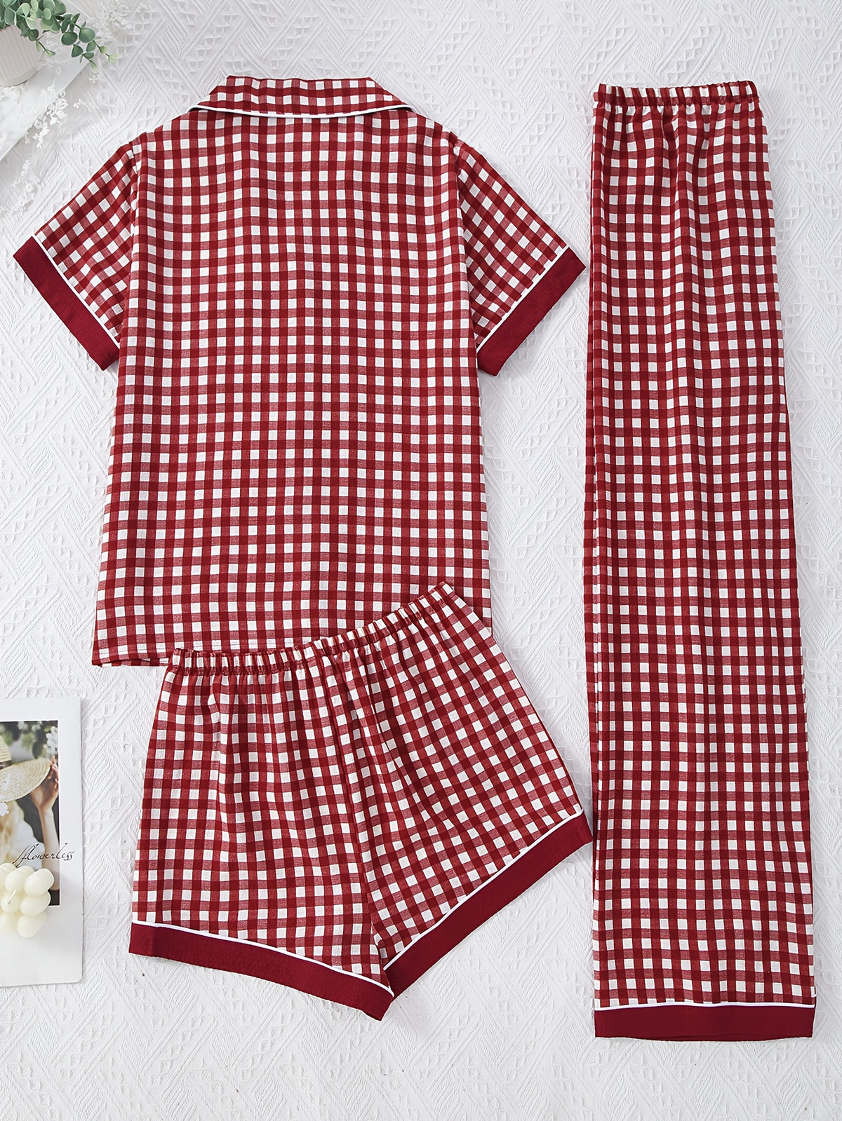 Cherry Gingham 3-Piece Women’s Pajama Set – Burgundy