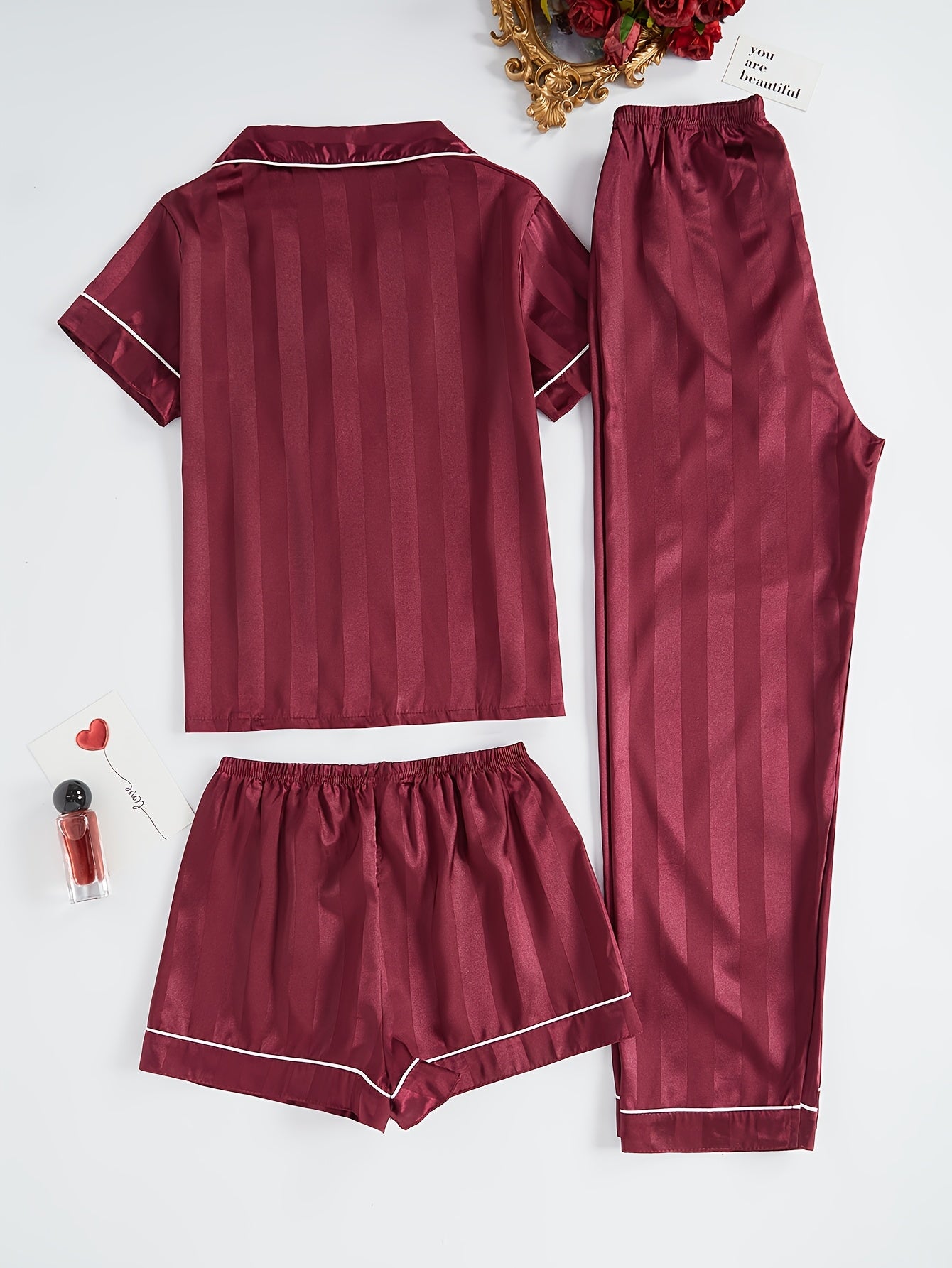 Burgundy Luxe 3-Piece Satin Pajama Set