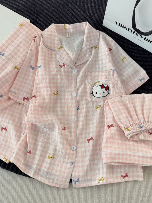 Blush Kitty Bow Check 3-Piece Pajama Set ā Shirt, Shorts & Pants