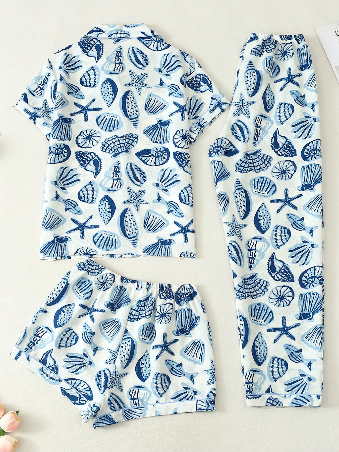 Ocean Shell Bliss 3-Piece Pajama Set – Shirt, Shorts & Pants