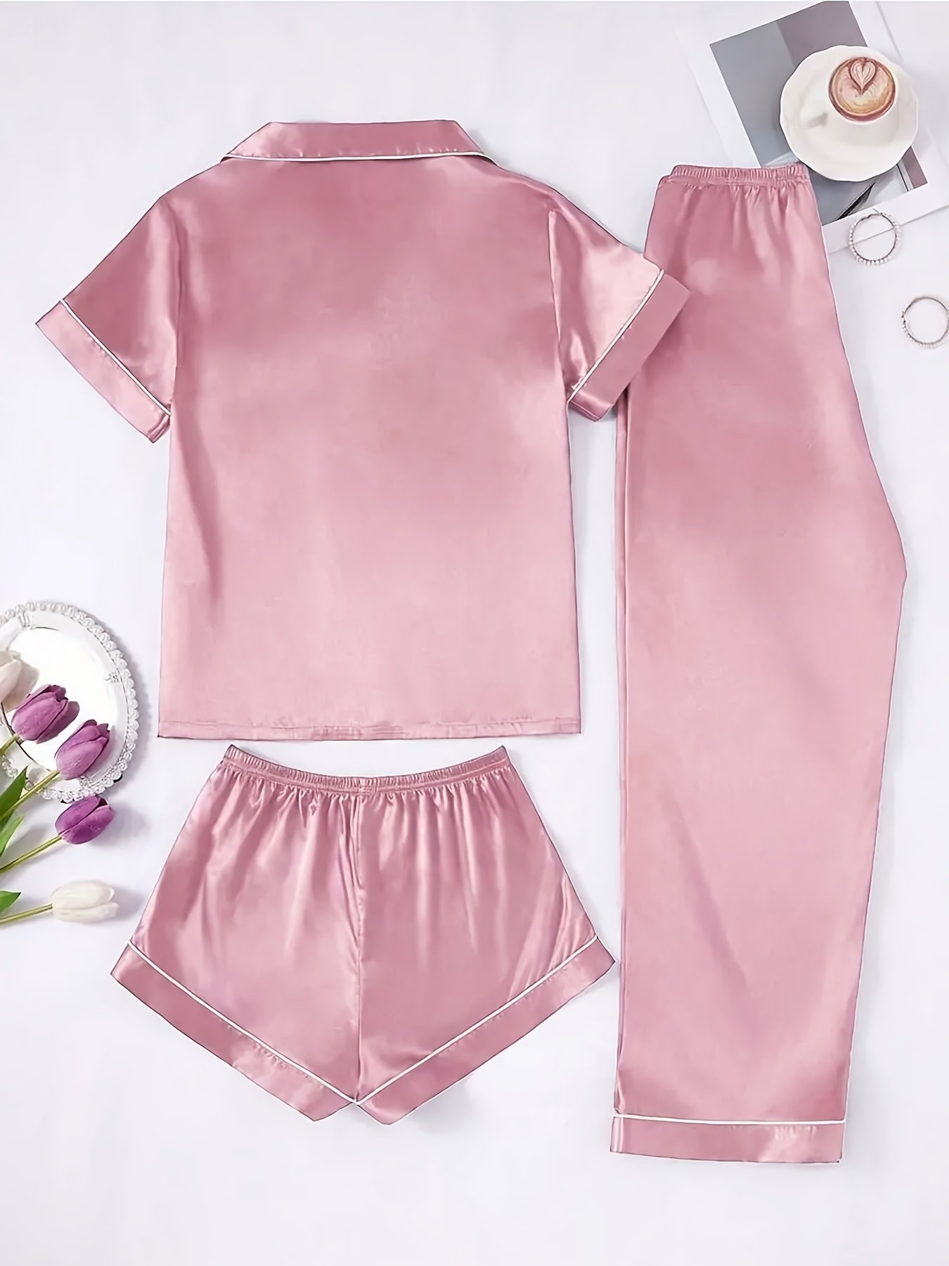 Blush Satin Luxe 3-Piece Pajama Set