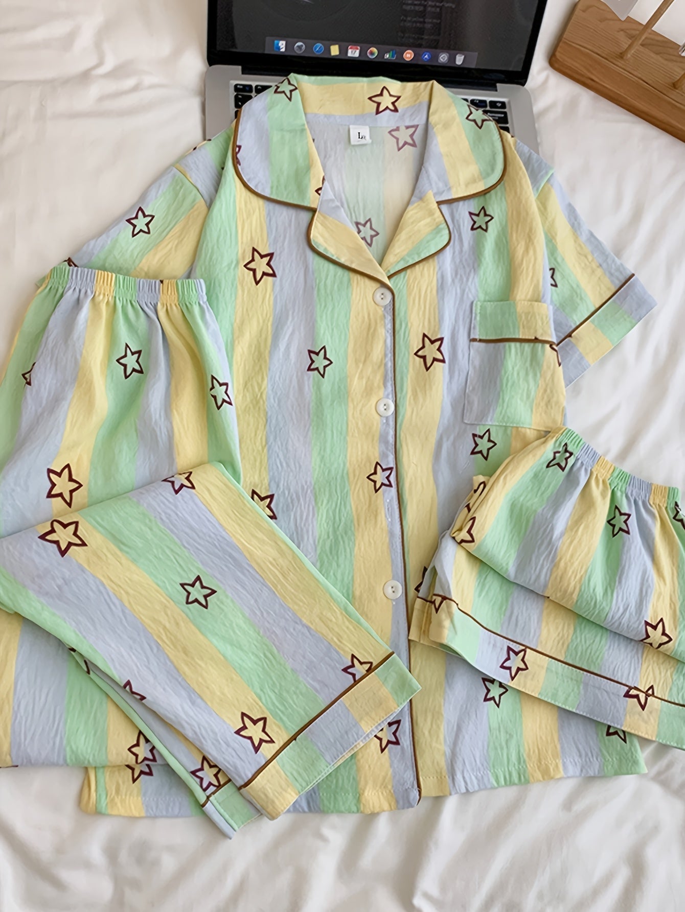 Pastel Star Stripe 3-Piece Pajama Set – Shirt, Shorts & Pants
