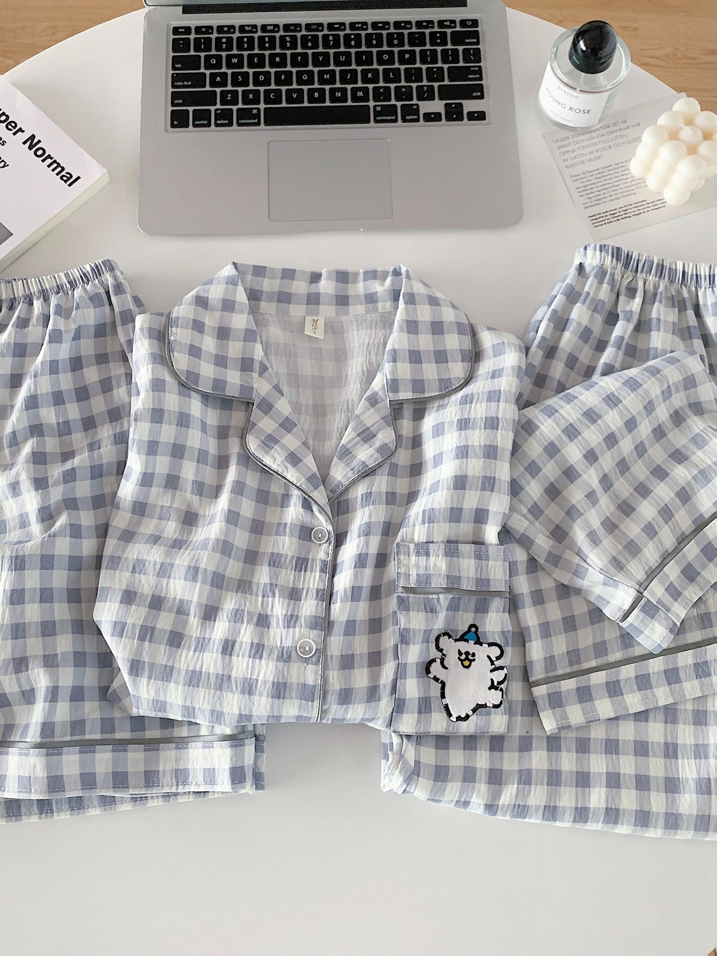 Cloud Check 3-Piece Pajama Set – Shirt, Shorts & Pants