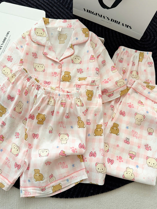 Pink Teddy Dream 3-Piece Pajama Set – Shirt, Shorts & Pants