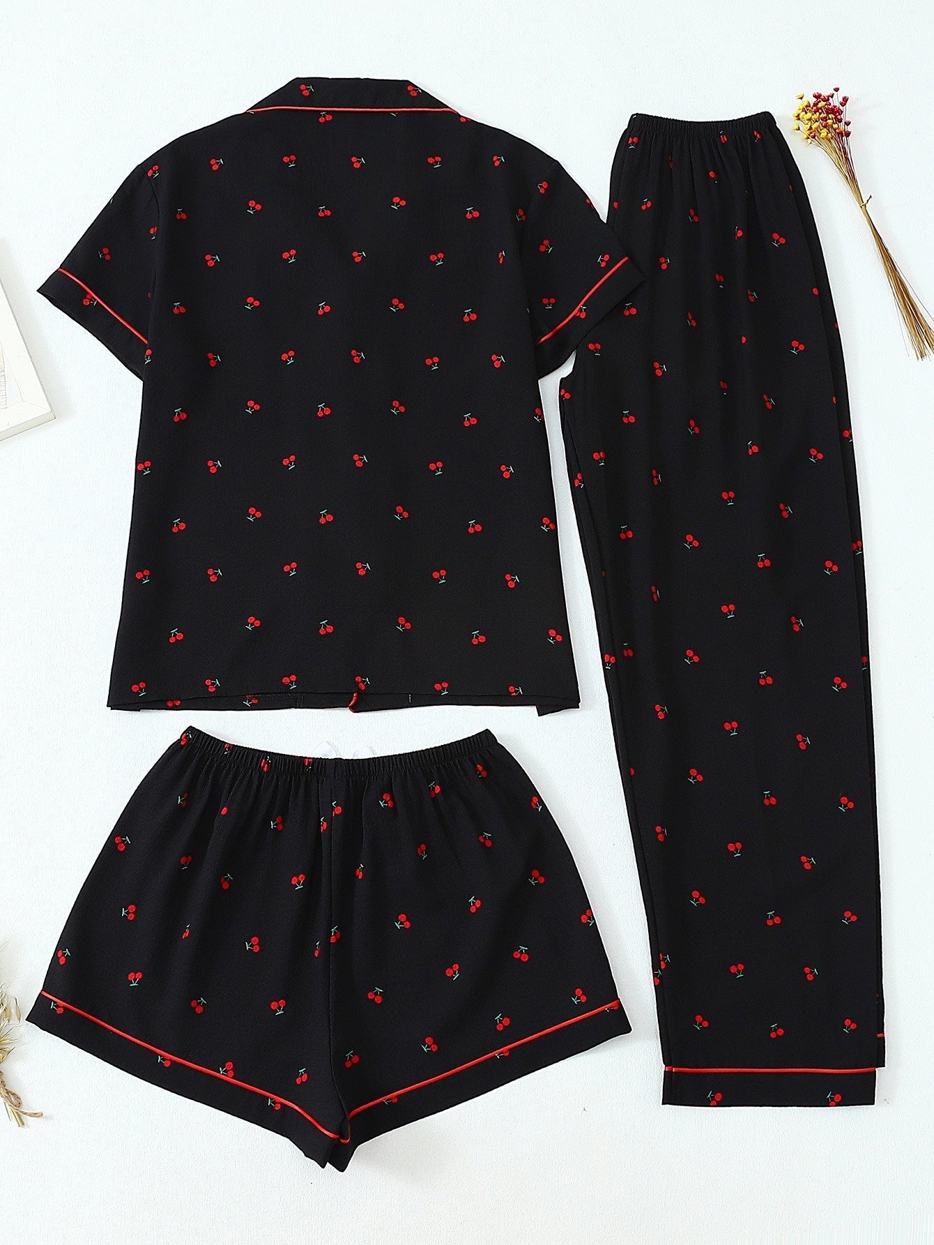 Midnight Cherry 3-Piece Pajama Set – Shirt, Shorts & Pants