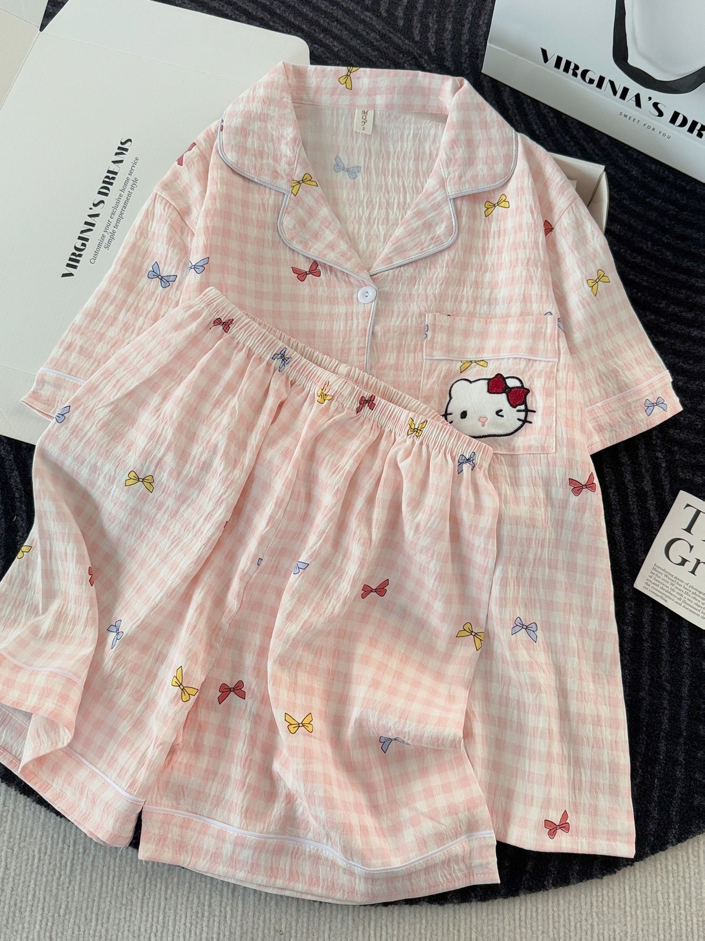 Blush Kitty Bow Check 3-Piece Pajama Set – Shirt, Shorts & Pants