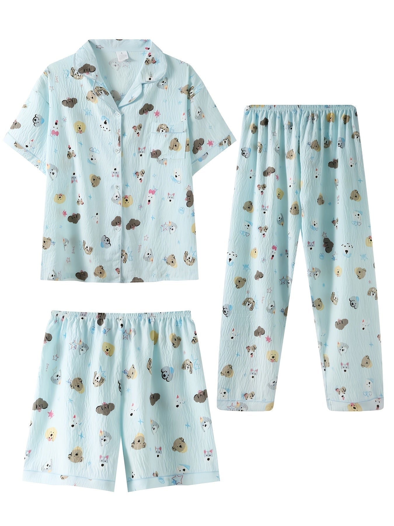 Sky Blue Puppy Charm 3-Piece Pajama Set – Shirt, Shorts & Pants