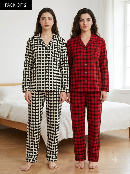 Midnight Check – Classic Printed Pajama Set | Pack of 2