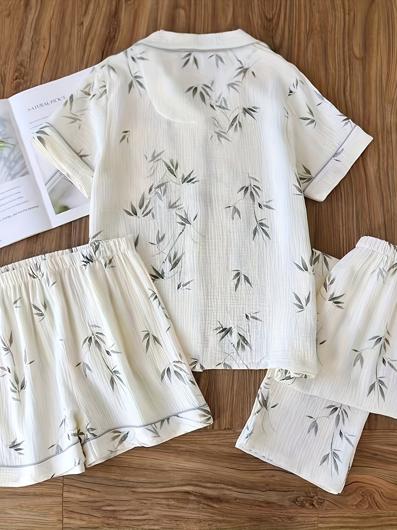 Olive Leaf Serenity 3-Piece Pajama Set – Shirt, Shorts & Pants