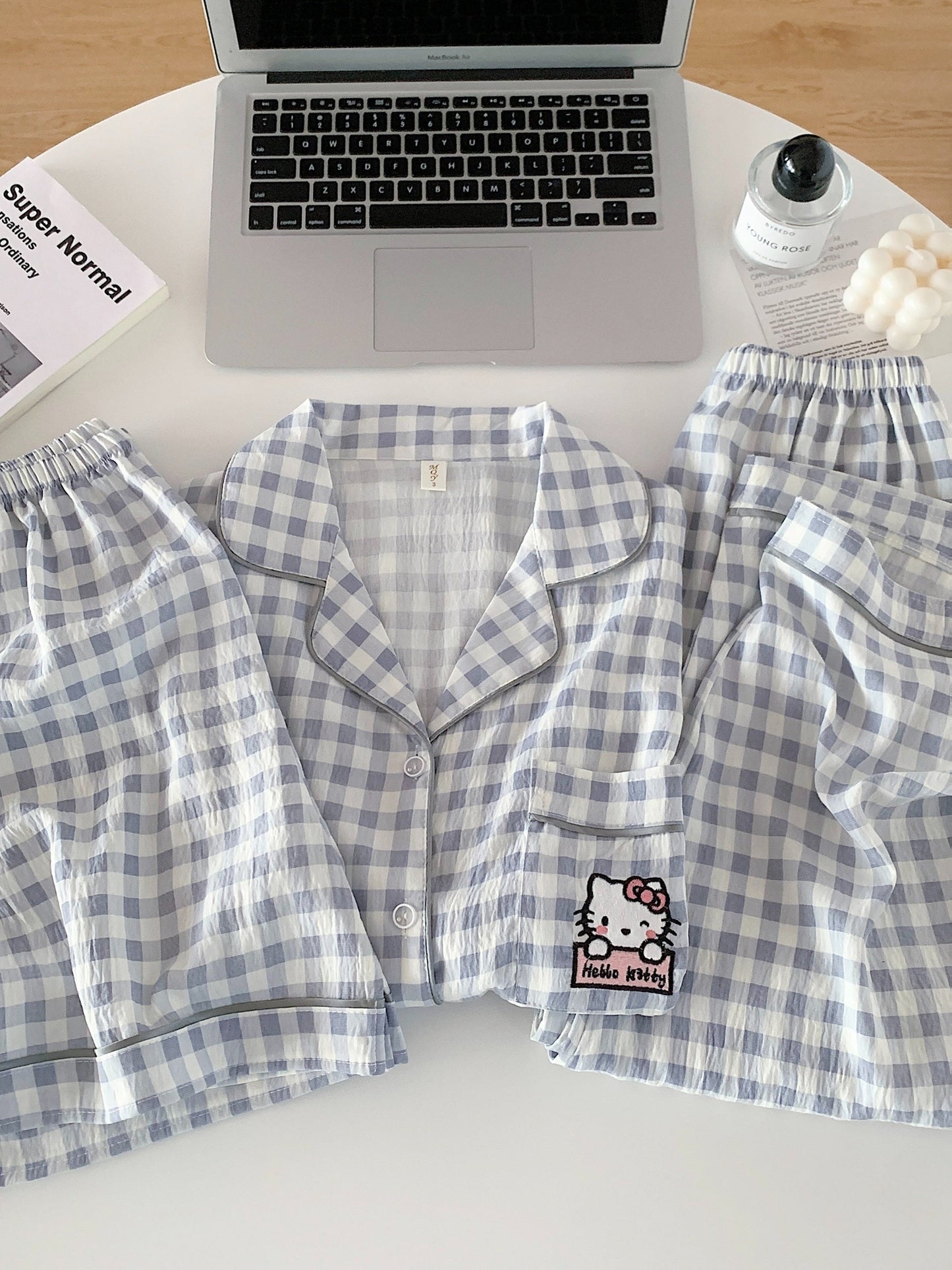 Hello Kitty Cloud Check 3-Piece Pajama Set – Shirt, Shorts & Pants