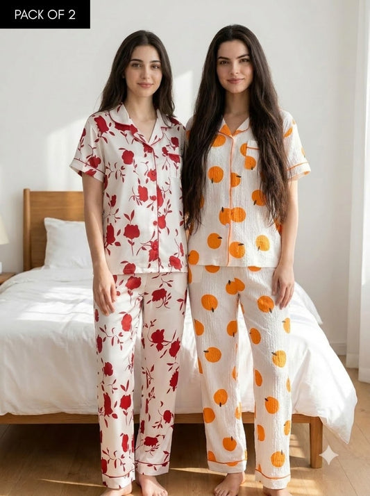 Bloom & Citrus Duo – Printed Pajama Set | Pack of 2