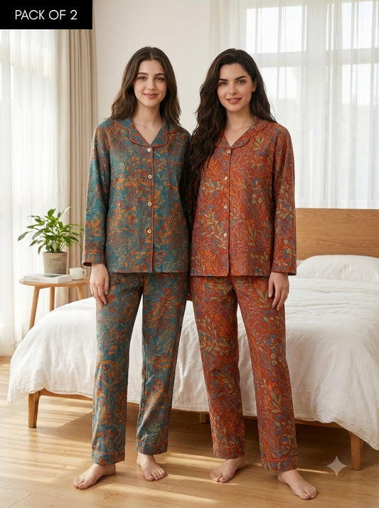 Heritage Bloom – Printed Cotton Pajama Set | Pack of 2