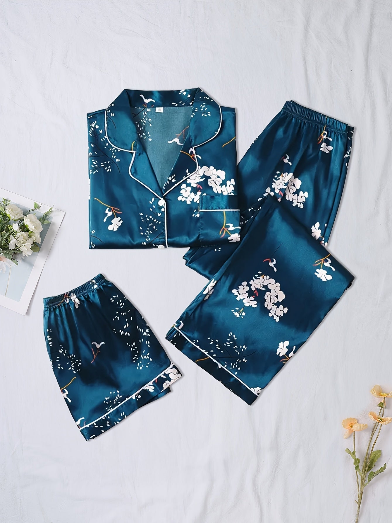 Midnight Bloom Satin 3-Piece Pajama Set