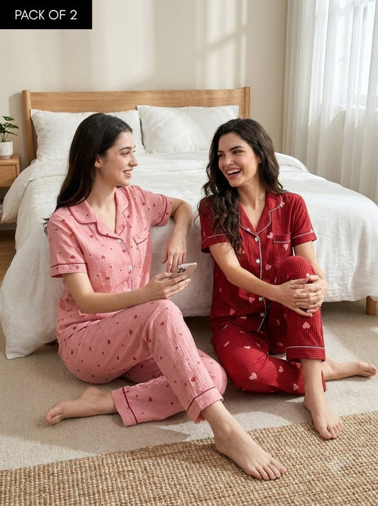 Rosy Hearts Duo – Printed Pajama Set | Pack of 2