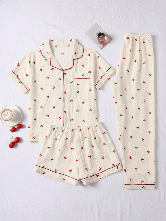 Cherry Blossom 3-Piece Women’s Lounge & Sleepwear Set – Ivory