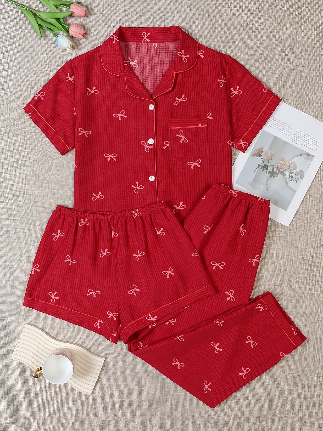Cherry Red Bow Print 3-Piece Women’s Pajama Set