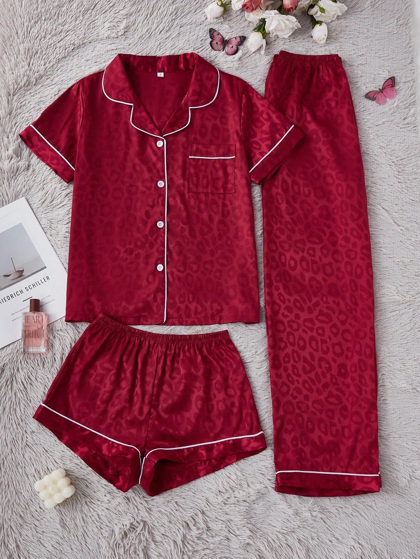 Wine Satin Leopard Print 3-Piece Nightwear Set