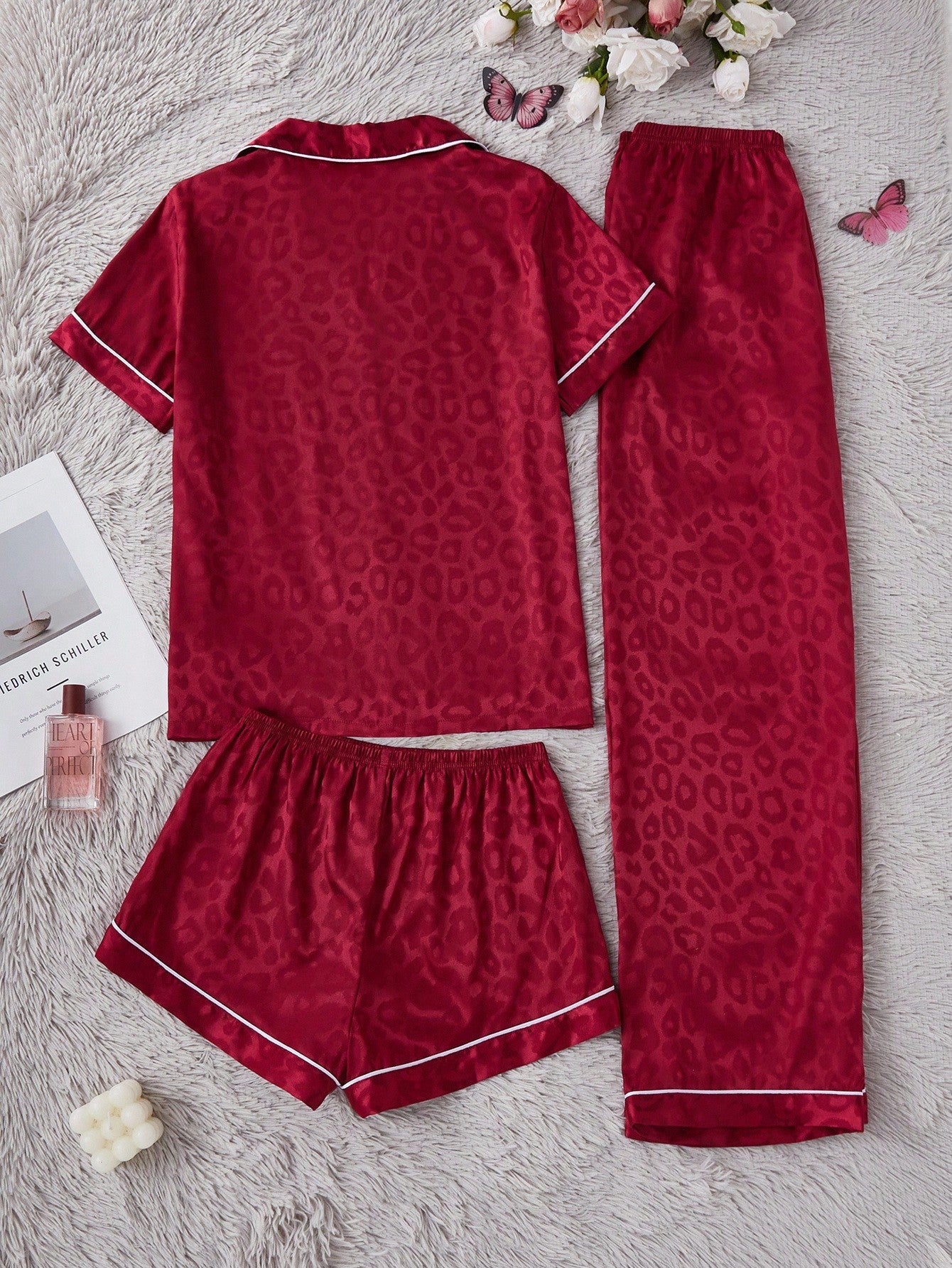 Wine Satin Leopard Print 3-Piece Nightwear Set