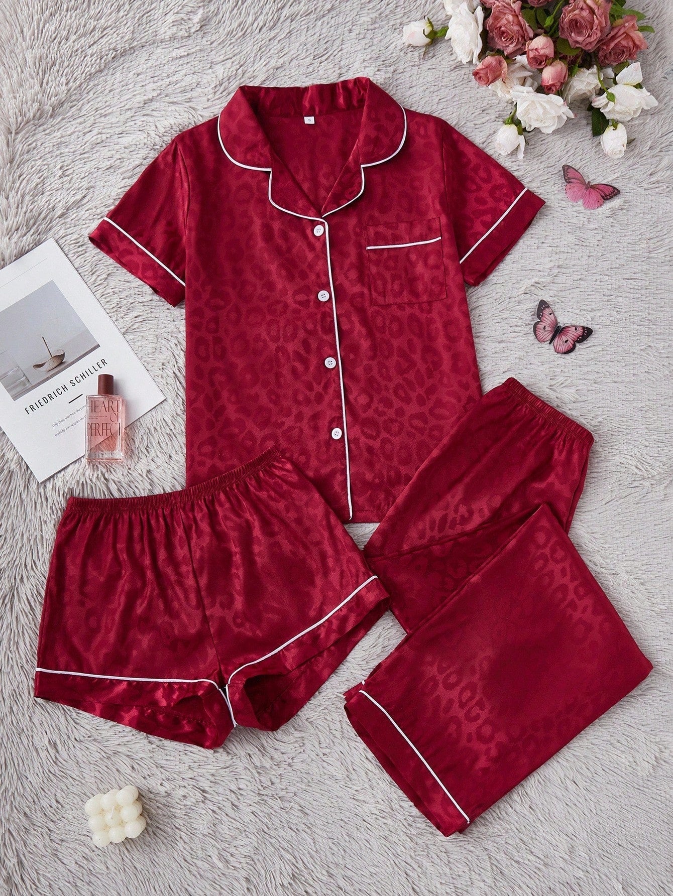 Wine Satin Leopard Print 3-Piece Nightwear Set