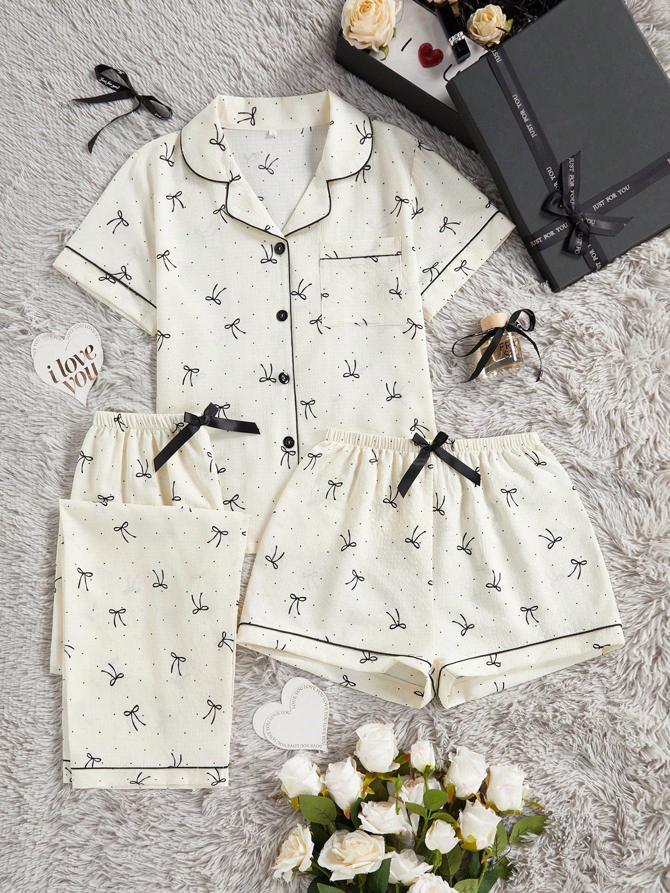 Bow Print 3-Piece Women’s Lounge & Sleepwear Set