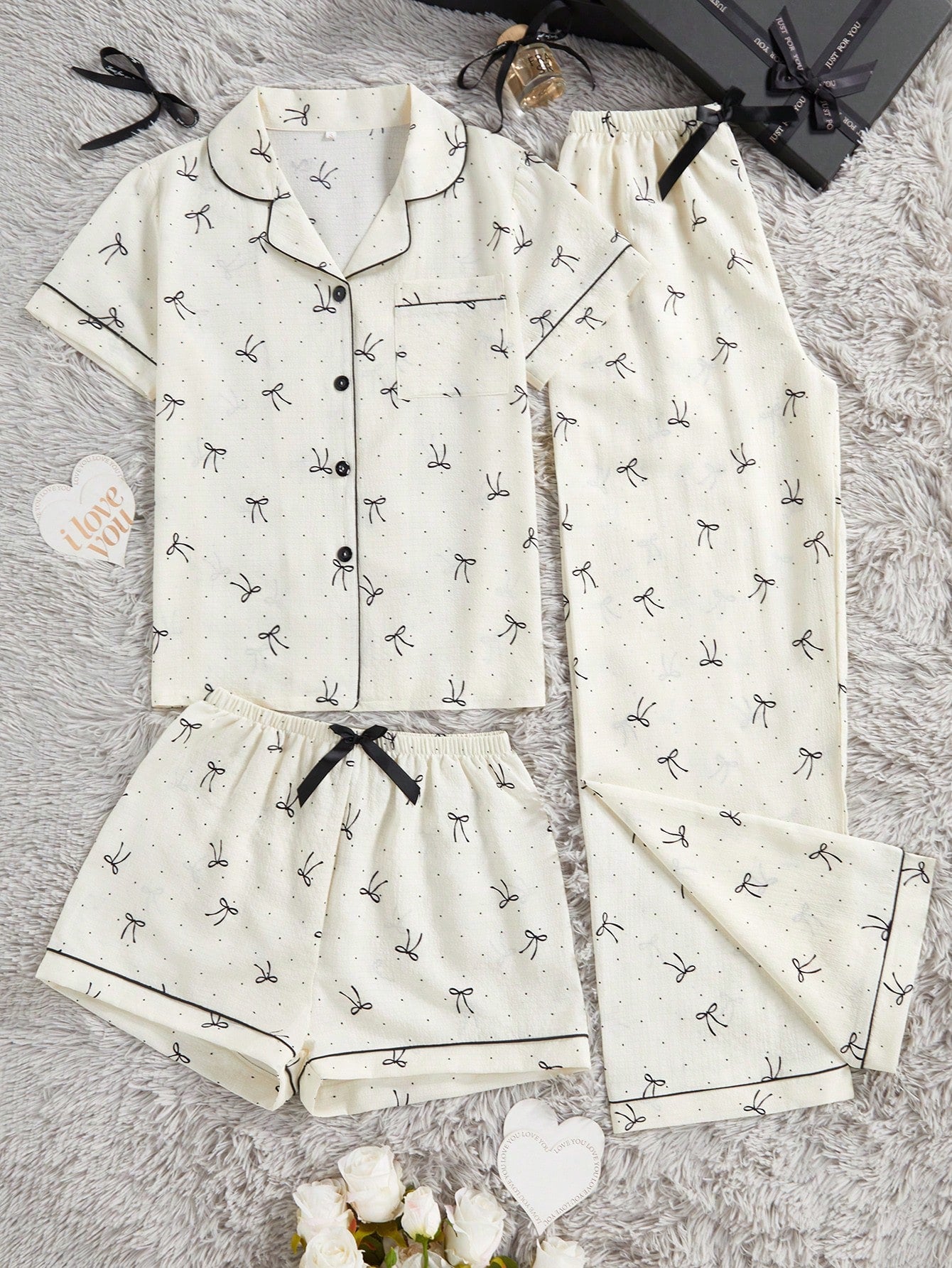 Bow Print 3-Piece Women’s Lounge & Sleepwear Set