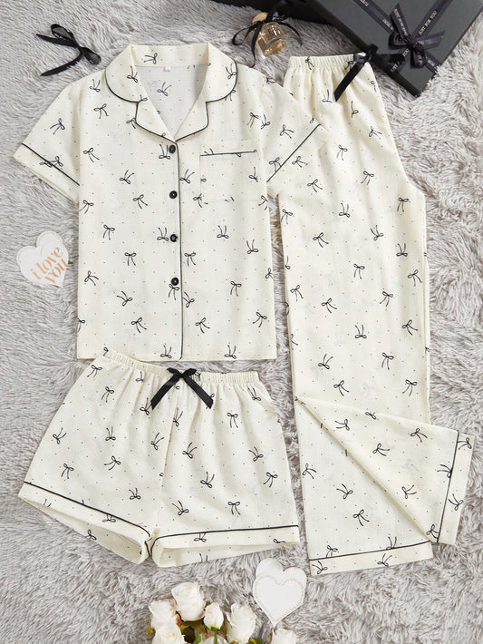 Bow Print 3-Piece Women’s Lounge & Sleepwear Set
