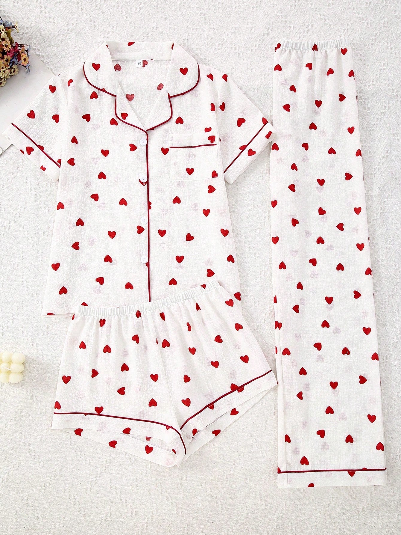 Heart Print 3-Piece Cotton Nightwear Set