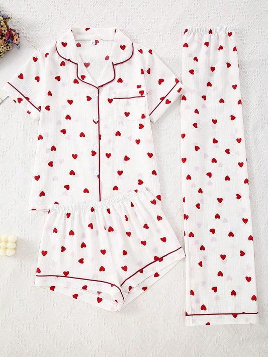 Heart Print 3-Piece Cotton Nightwear Set