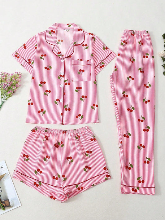 Cherry Print 3-Piece Nightwear Set