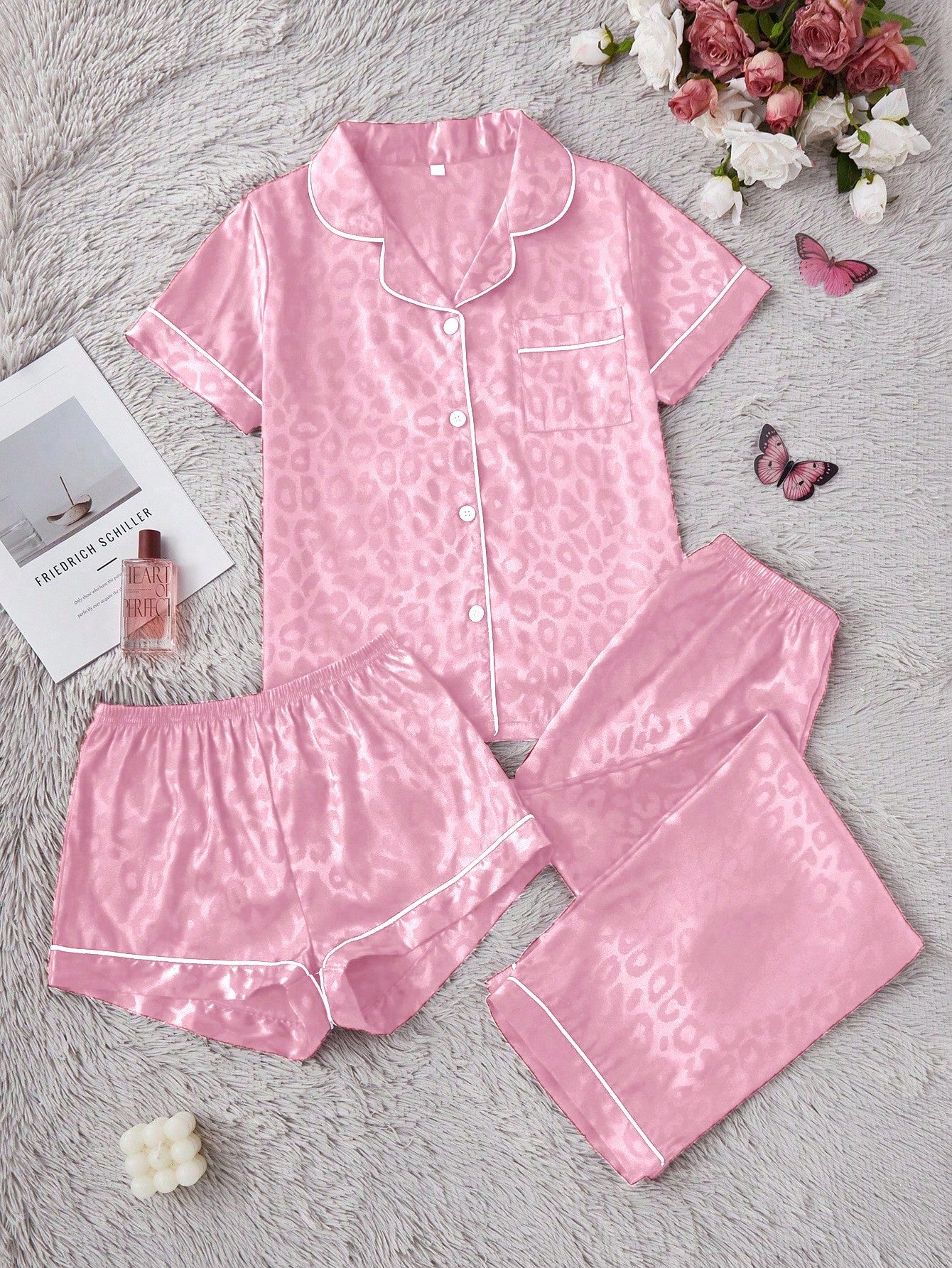 Blush Pink Satin Leopard Print 3-Piece Nightwear Set