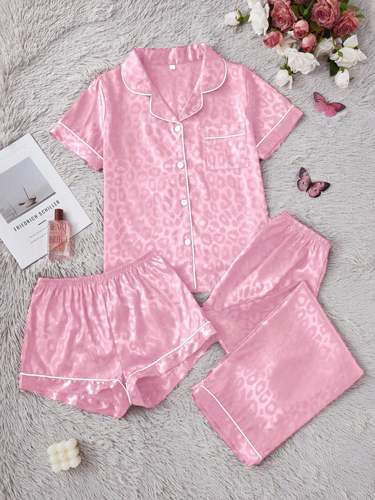 Blush Pink Satin Leopard Print 3-Piece Nightwear Set