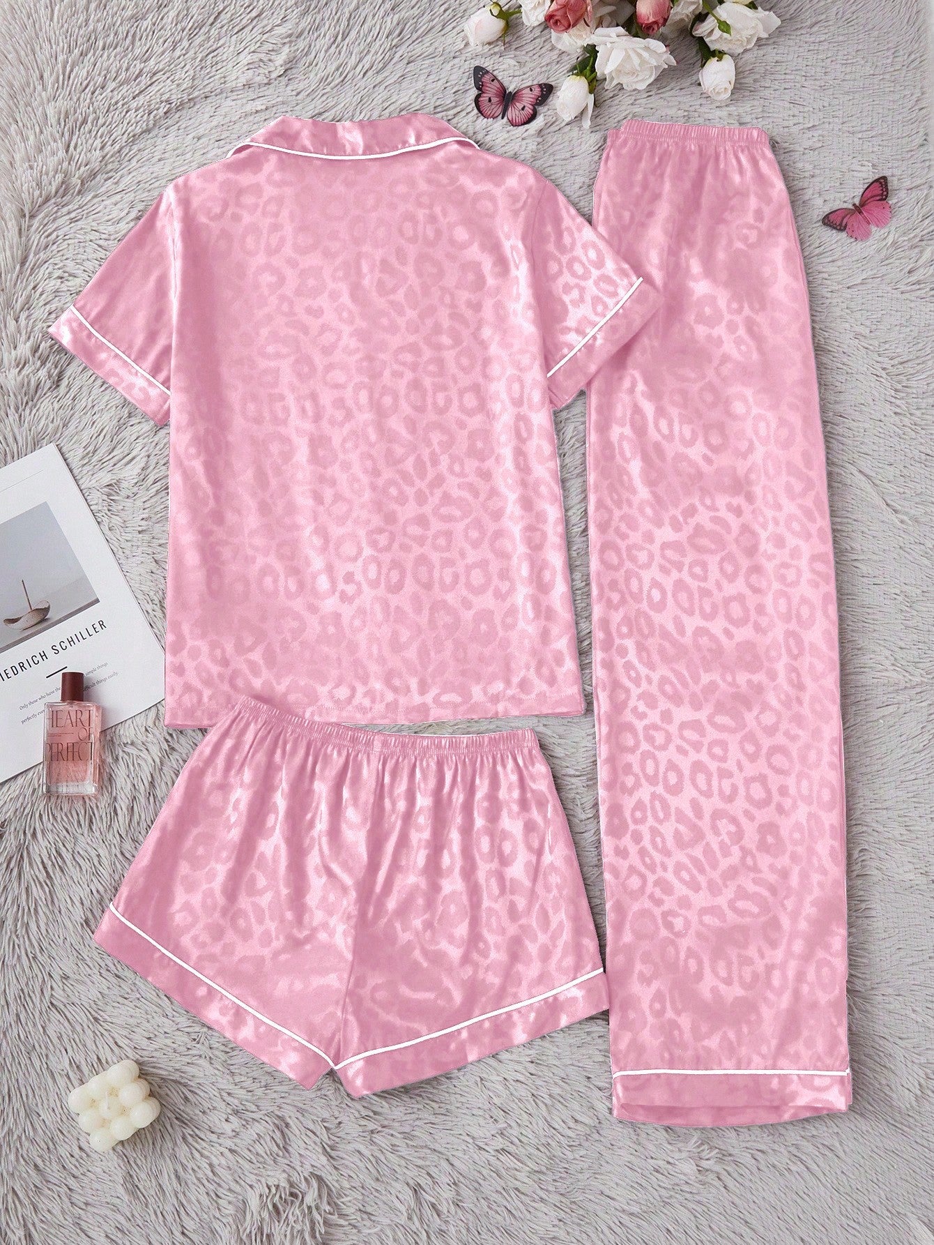 Blush Pink Satin Leopard Print 3-Piece Nightwear Set