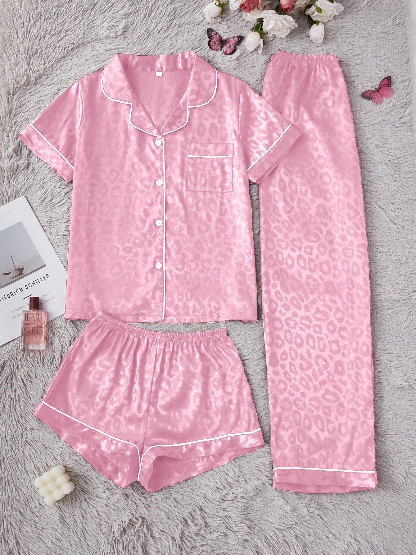 Blush Pink Satin Leopard Print 3-Piece Nightwear Set