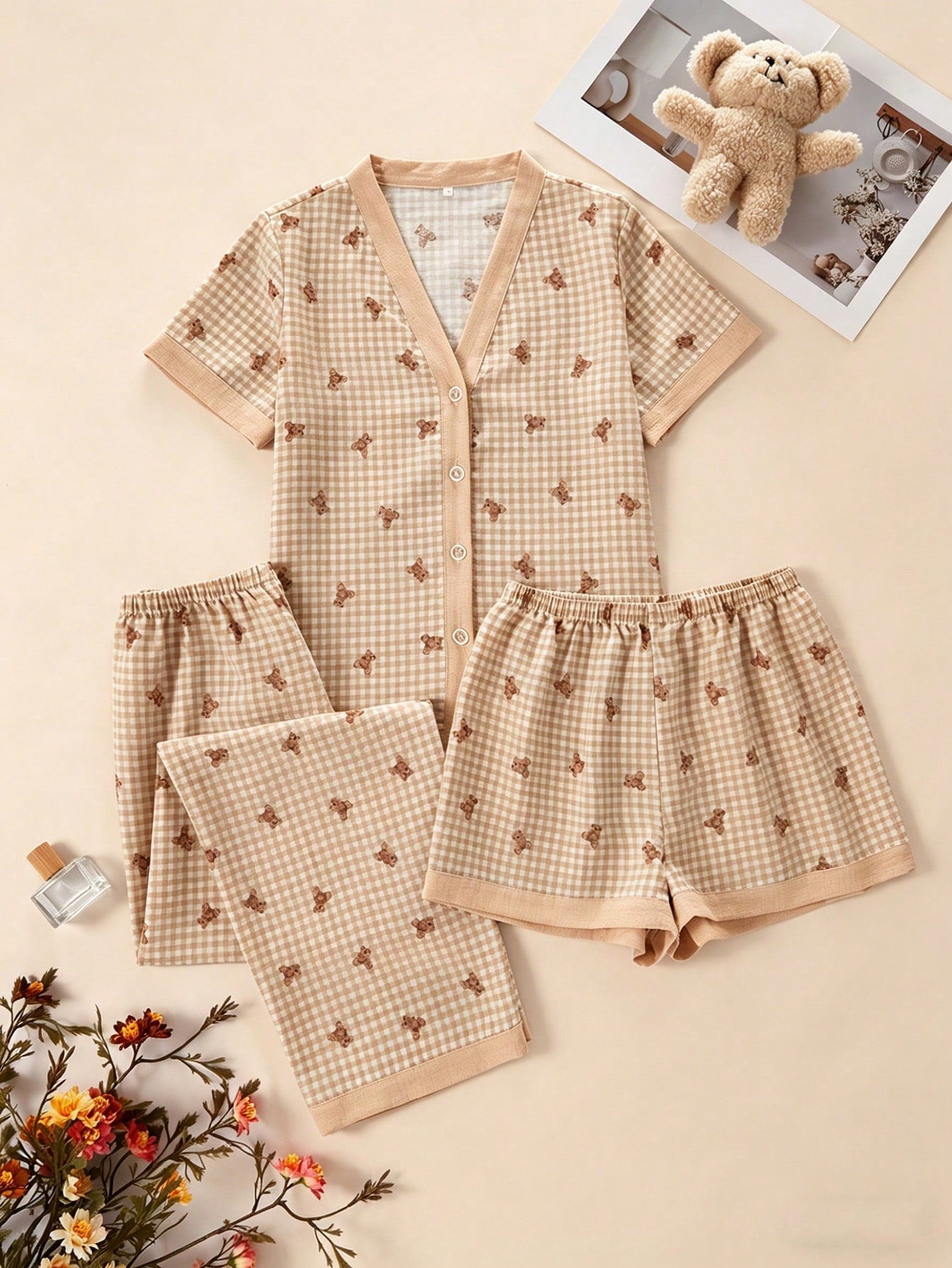 Teddy Bear Checkered 3-Piece Nightwear Set