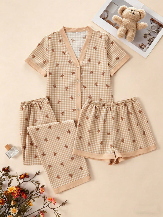 Teddy Bear Checkered 3-Piece Nightwear Set