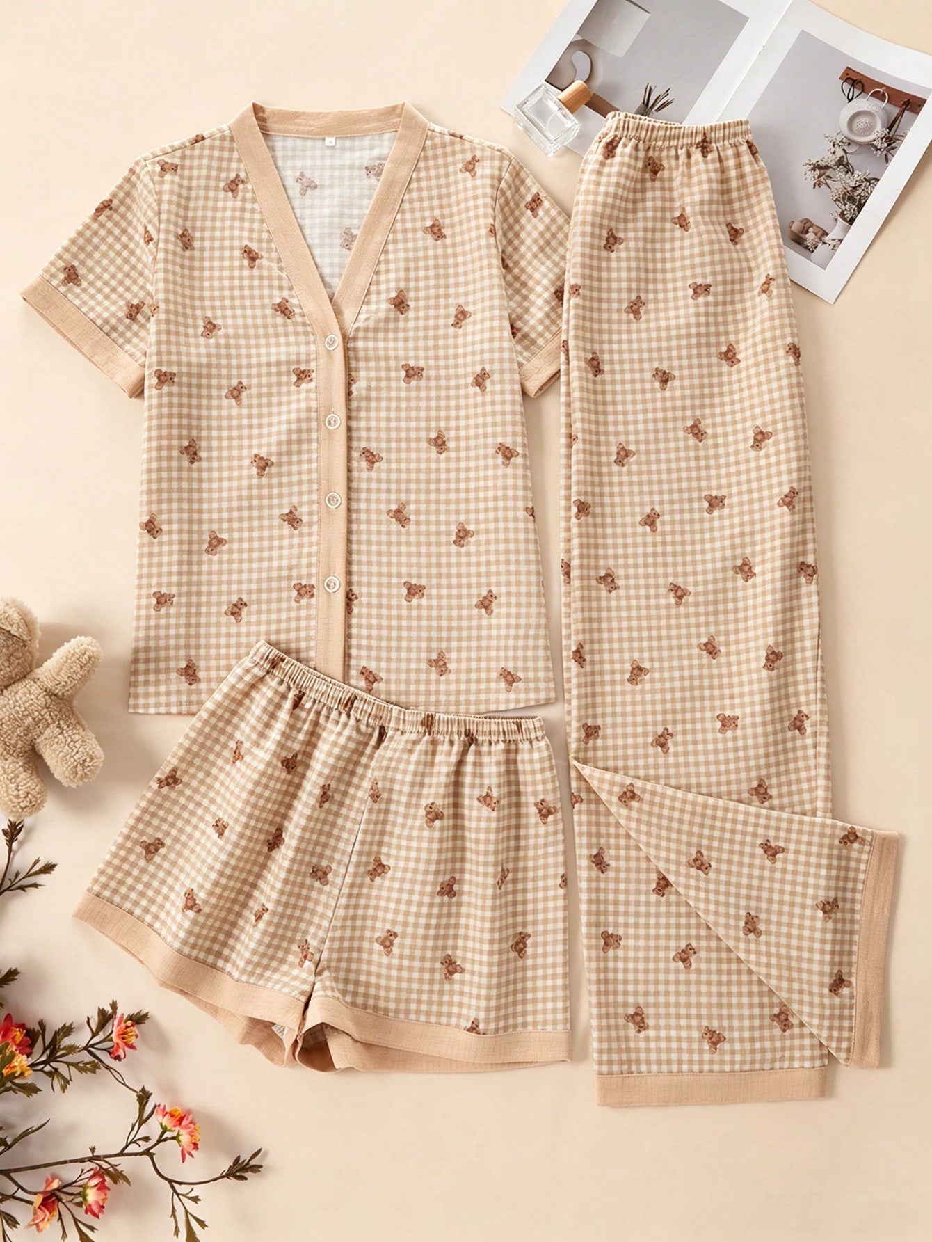 Teddy Bear Checkered 3-Piece Nightwear Set