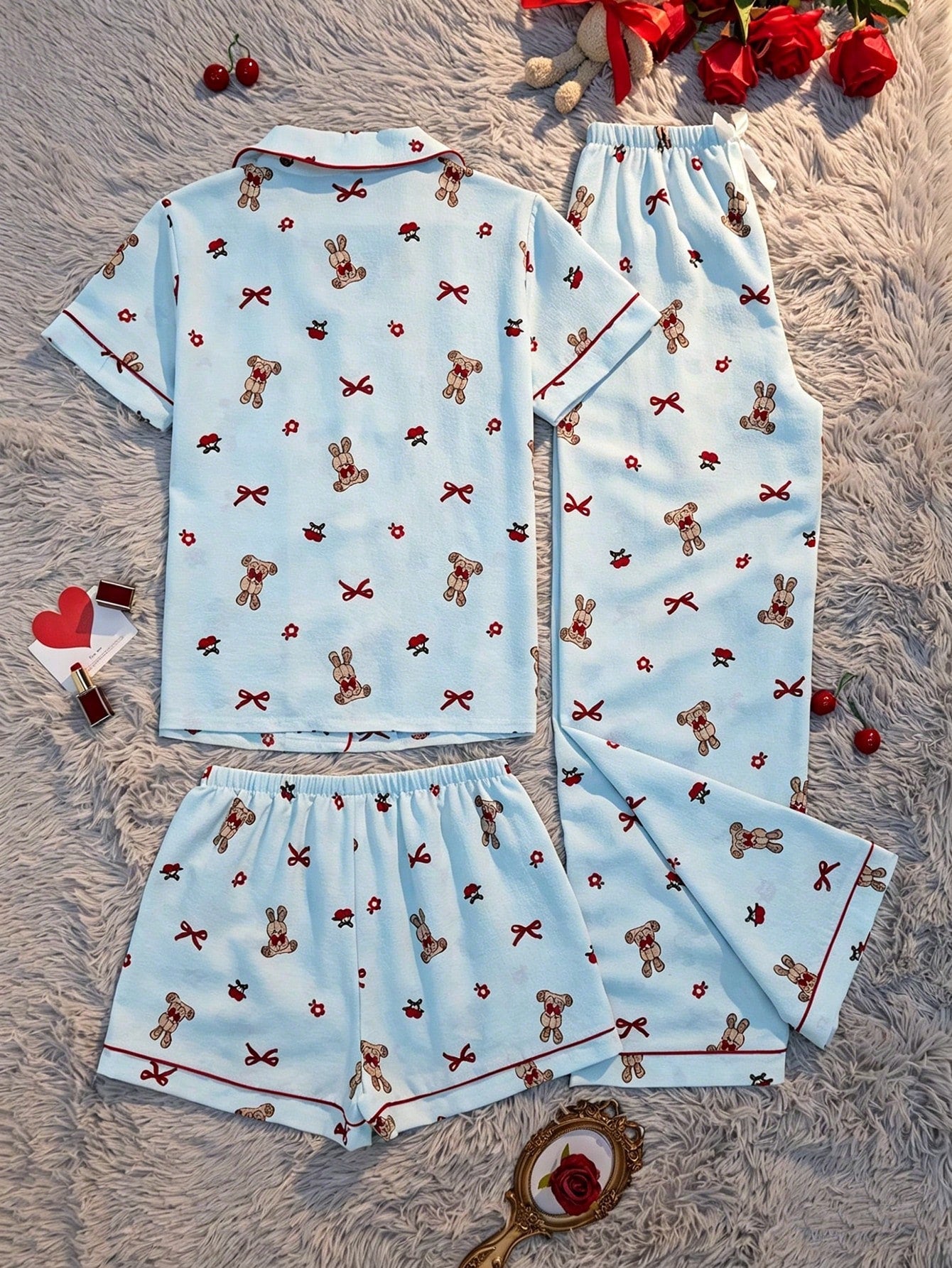 Teddy & Bow Print 3-Piece Nightwear Set