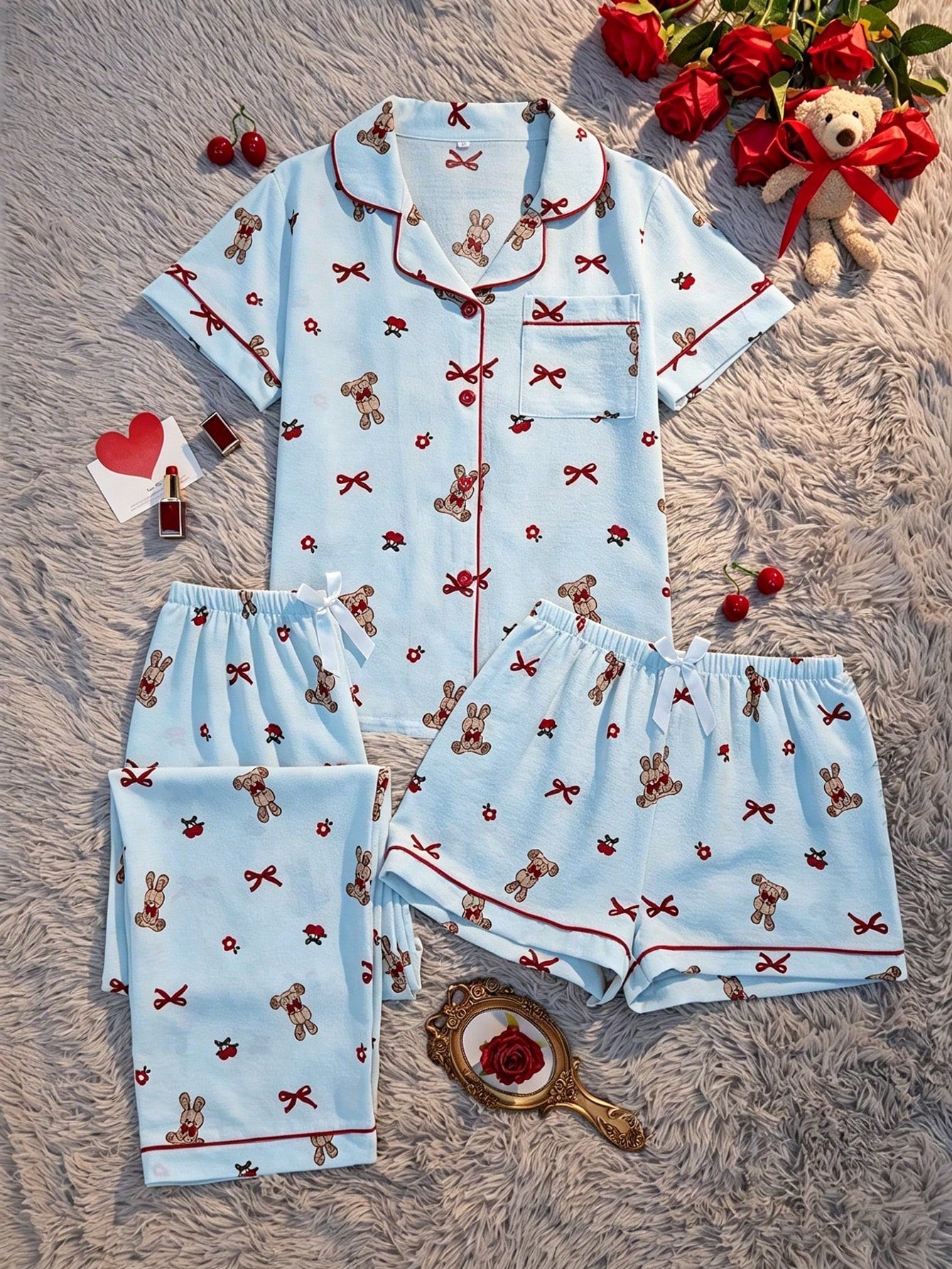 Teddy & Bow Print 3-Piece Nightwear Set