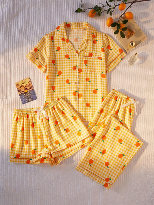 Orange Print Checkered 3-Piece Nightwear Set