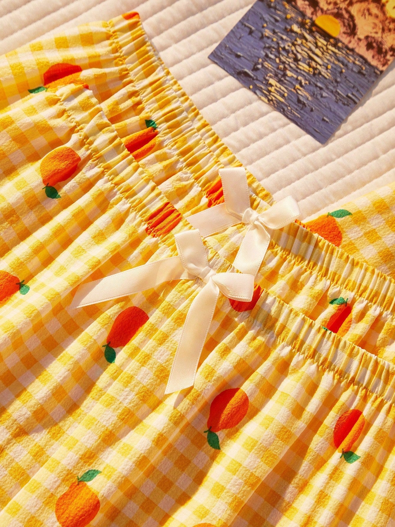 Orange Print Checkered 3-Piece Nightwear Set