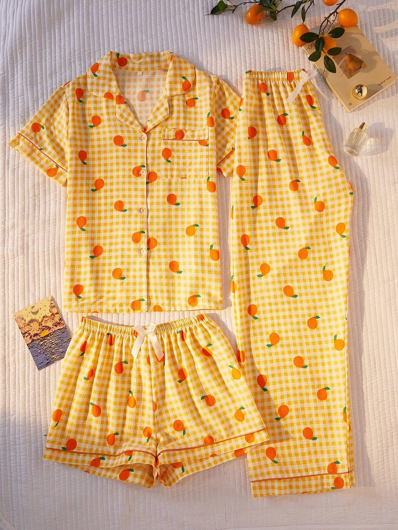 Orange Print Checkered 3-Piece Nightwear Set