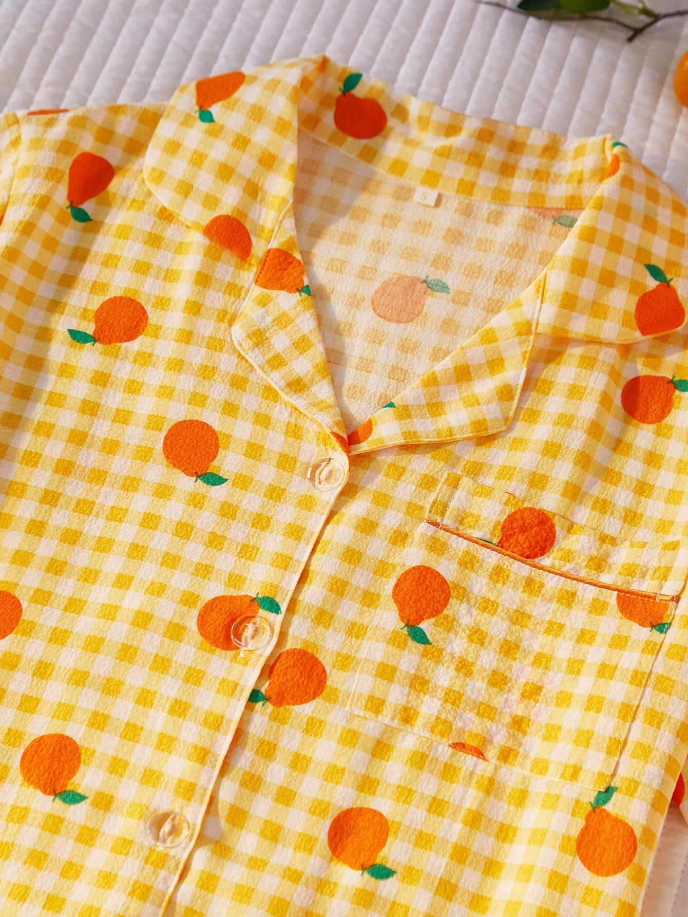 Orange Print Checkered 3-Piece Nightwear Set