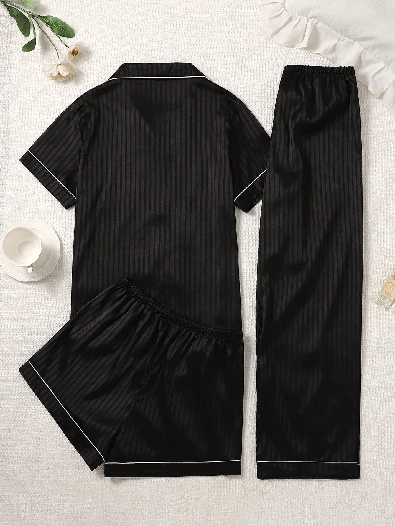 Midnight Black Striped Satin 3-Piece Women’s Pajama Set
